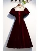 Retro Maroon Tea Length Party Dress With Illusion Neck Puffy Sleeves