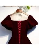 Retro Maroon Tea Length Party Dress With Illusion Neck Puffy Sleeves