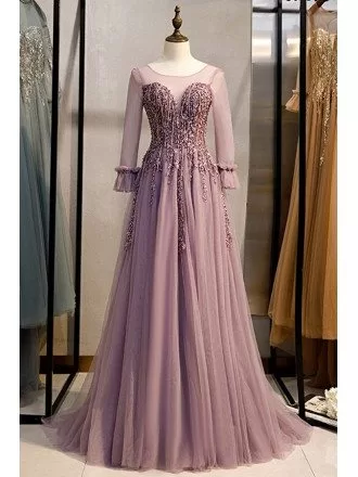 Long Train Purple Tulle Modest Prom Dress With Long Sleeves