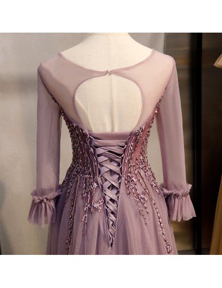 Long Train Purple Tulle Modest Prom Dress With Long Sleeves