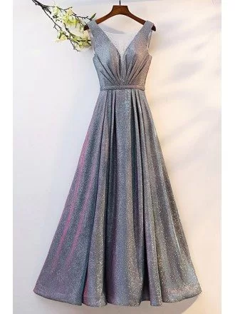 Metallic Ombre Grey Long Aline Prom Party Dress Illusion Vneck