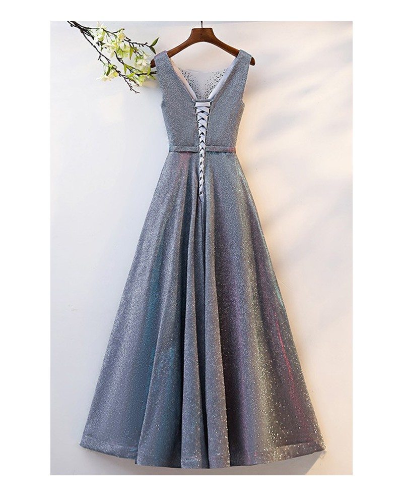 metallic ombre grey long aline prom party dress illusion vneck # ...