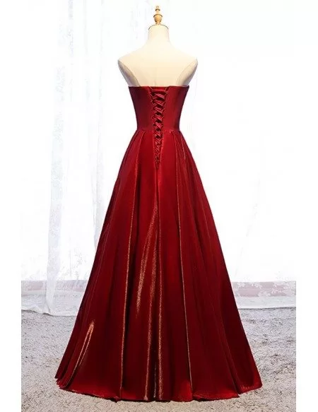 Pleated Strapless Burgundy Long Red Formal Dress