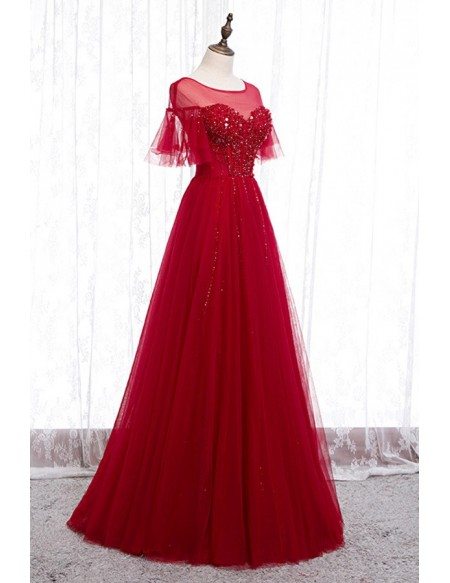Red Tulle Formal Party Dress With Illusion Neckline Bling