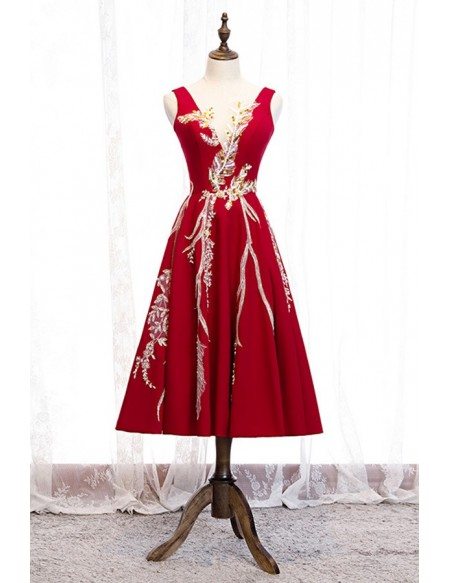 Unique Embroidered Sequins Tea Length Formal Dress With Vneck
