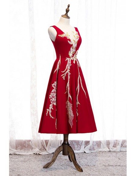 Unique Embroidered Sequins Tea Length Formal Dress With Vneck