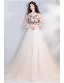 Fancy Long Tulle Prom Dress With Long Sleeves Flowers Long Train