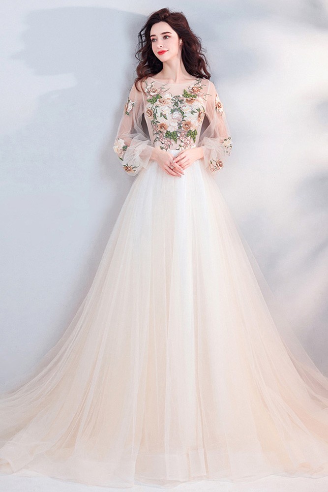 Fancy Long Tulle Prom Dress With Long Sleeves Flowers Long Train ...