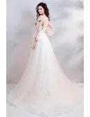 Fancy Long Tulle Prom Dress With Long Sleeves Flowers Long Train