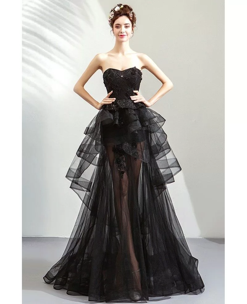 Mistery Black High Low Tulle Prom Party Dress With Ruffles Strapless Wholesale T79038