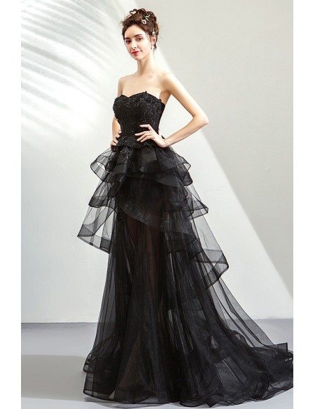 Mistery Black High Low Tulle Prom Party Dress With Ruffles Strapless