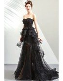 Mistery Black High Low Tulle Prom Party Dress With Ruffles Strapless