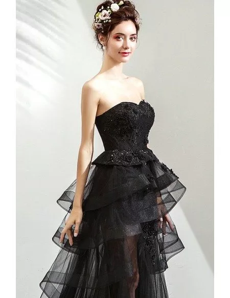 Mistery Black High Low Tulle Prom Party Dress With Ruffles Strapless ...