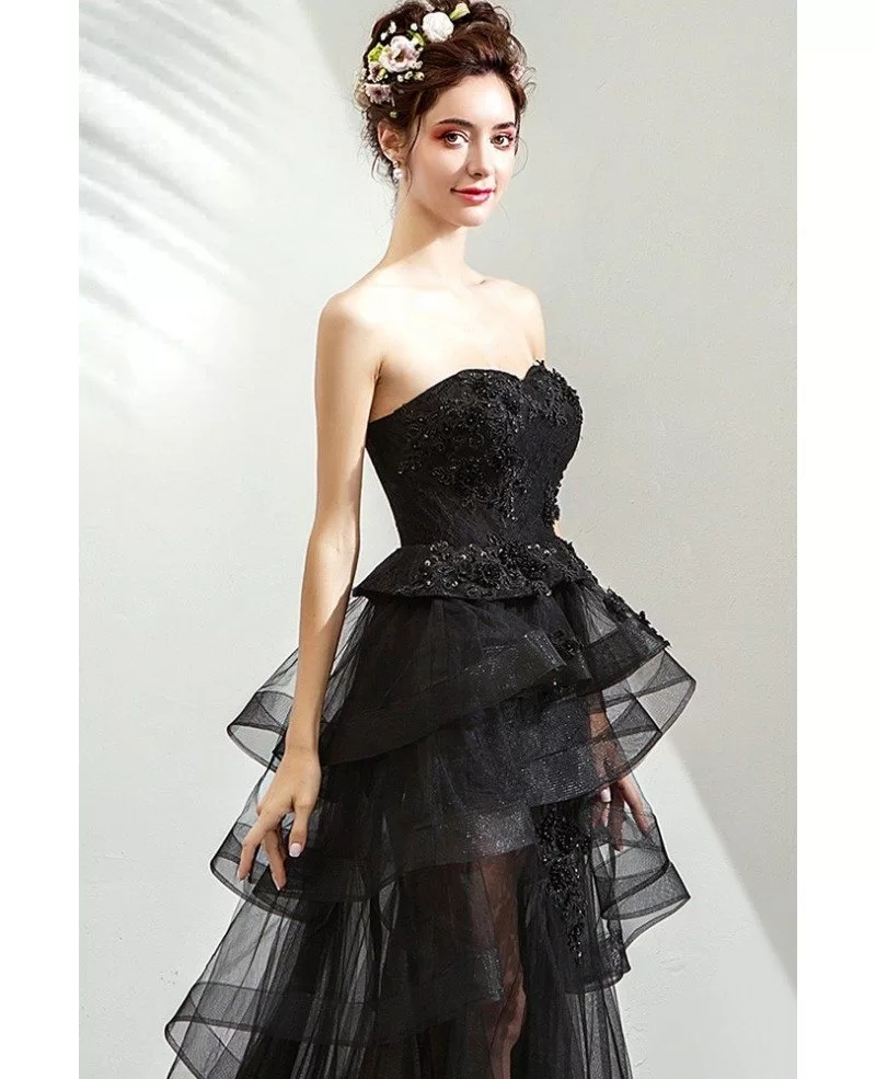 Mistery Black High Low Tulle Prom Party Dress With Ruffles Strapless Wholesale T79038