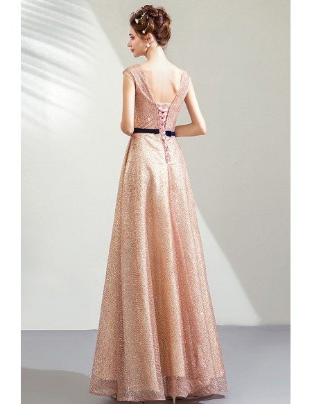 Sparkly Champagne Sequins Aline Formal Dress Long With Sash