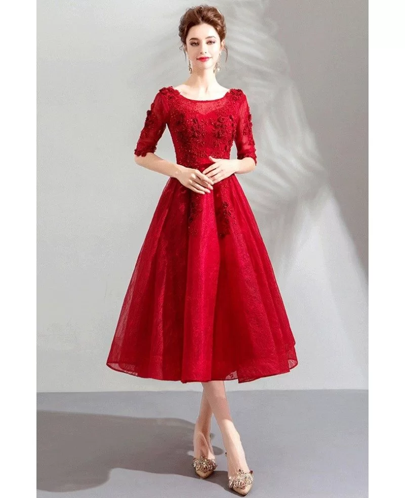 Burgundy Red Lace Tea Length Party Dress With Half Sleeves Wholesale # ...