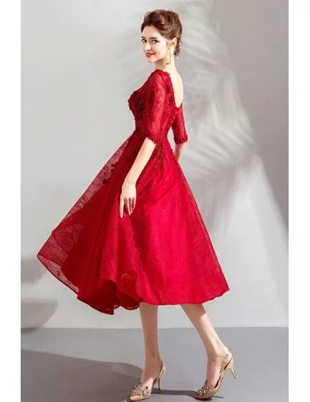 Burgundy Red Lace Tea Length Party Dress With Half Sleeves