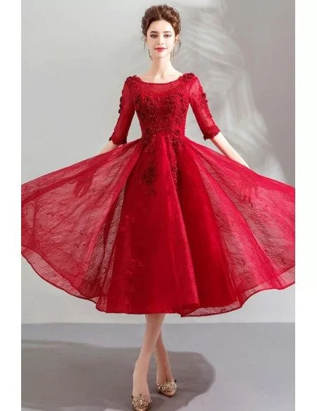 Burgundy Red Lace Tea Length Party Dress With Half Sleeves