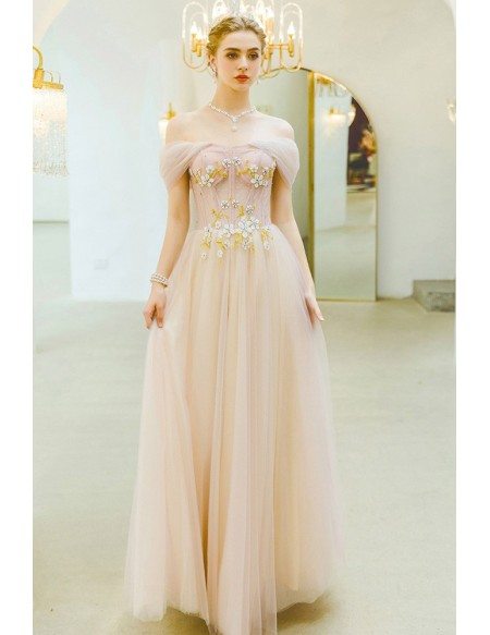 Gorgeous Pink Tulle Off Shoulder Flowy Prom Dress With Beaded Flowers