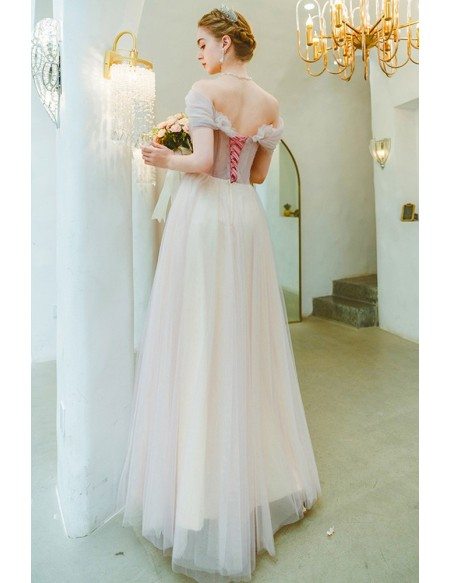 Gorgeous Pink Tulle Off Shoulder Flowy Prom Dress With Beaded Flowers