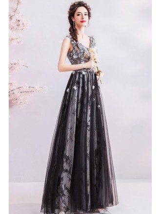 Pretty Black Tulle Aline Prom Dress Flowers With Vneck