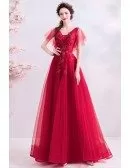 Flowy Red Tulle Aline Long Prom Dress With Beading Puffy Sleeves