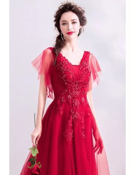Flowy Red Tulle Aline Long Prom Dress With Beading Puffy Sleeves