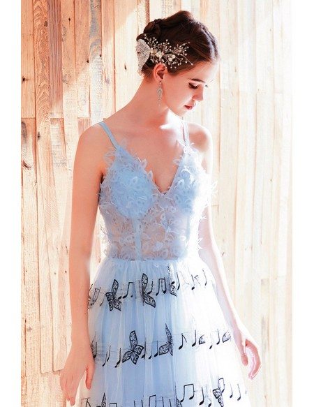 Cute Blue Vneck Long Party Dress With Music Note Patterns