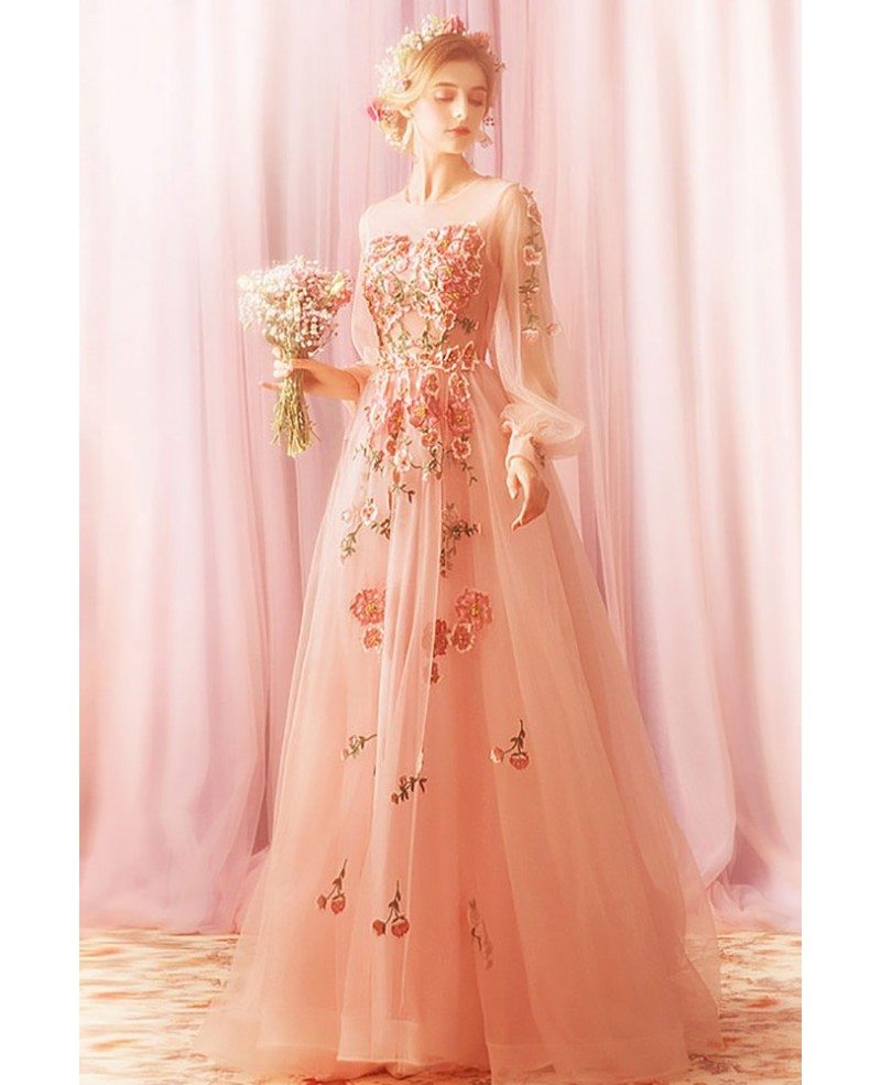 Dreamy Pink Tulle Flowers Prom Dress With Long Sleeves Embroidery Flowers Wholesale T79049