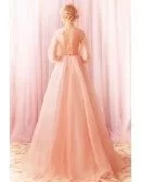 Dreamy Pink Tulle Flowers Prom Dress With Long Sleeves Embroidery Flowers