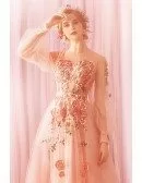 Dreamy Pink Tulle Flowers Prom Dress With Long Sleeves Embroidery Flowers