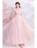 Unique Long Sleeve Pink Lace High Neck Prom Dress With Flowers