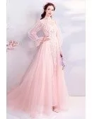 Unique Long Sleeve Pink Lace High Neck Prom Dress With Flowers