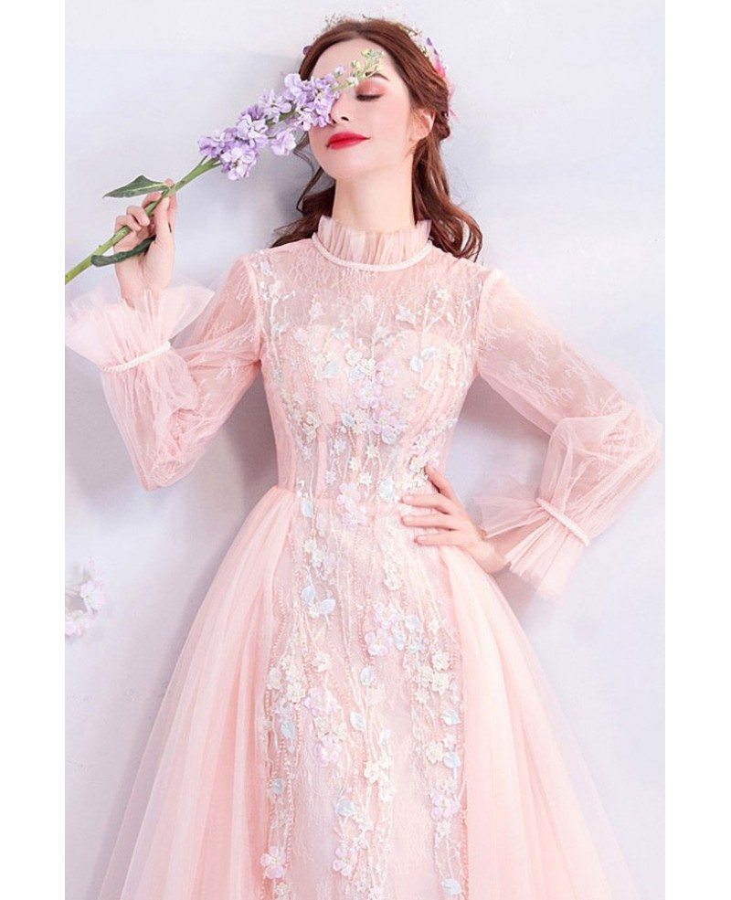 Unique Long Sleeve Pink Lace High Neck Prom Dress With Flowers Wholesale #T79031 - GemGrace.com