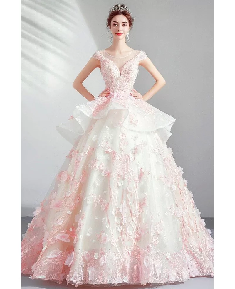 Dreamy Pink Flowers Ballgown Prom Dress Pageant Gown With