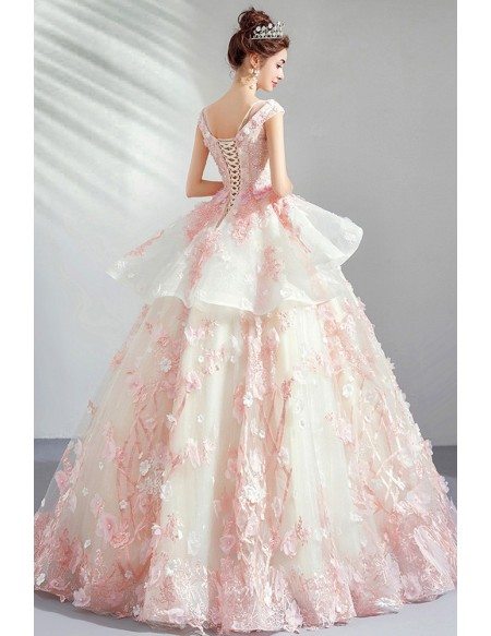 Dreamy Pink Flowers Ballgown Prom Dress Pageant Gown With Ruffles