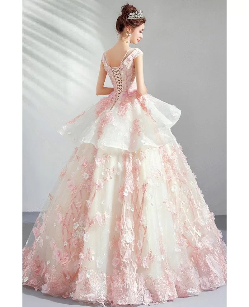 Dreamy Pink Flowers Ballgown Prom Dress Pageant Gown With Ruffles
