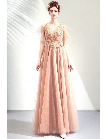 Elegant Champagne Long Tulle Aline Prom Dress Vneck With Tulle Sleeves ...