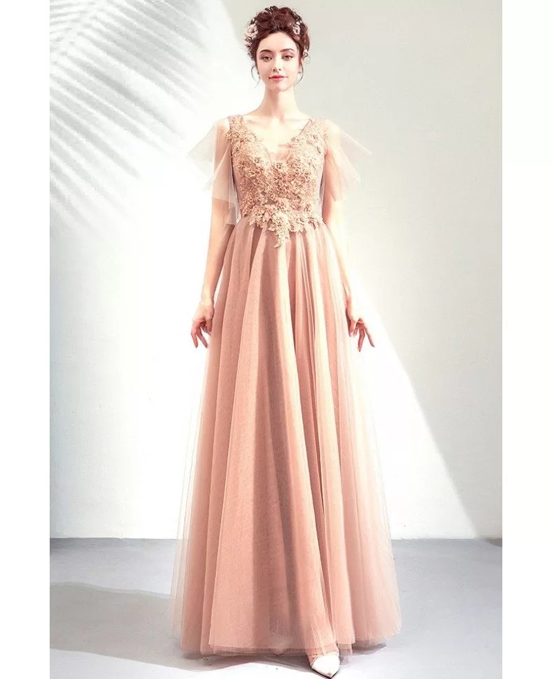 Elegant Champagne Long Tulle Aline Prom Dress Vneck With Tulle Sleeves ...
