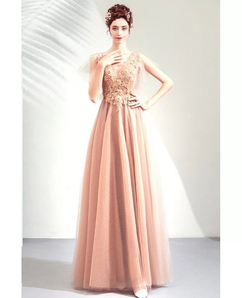 Elegant Champagne Long Tulle Aline Prom Dress Vneck With Tulle Sleeves ...