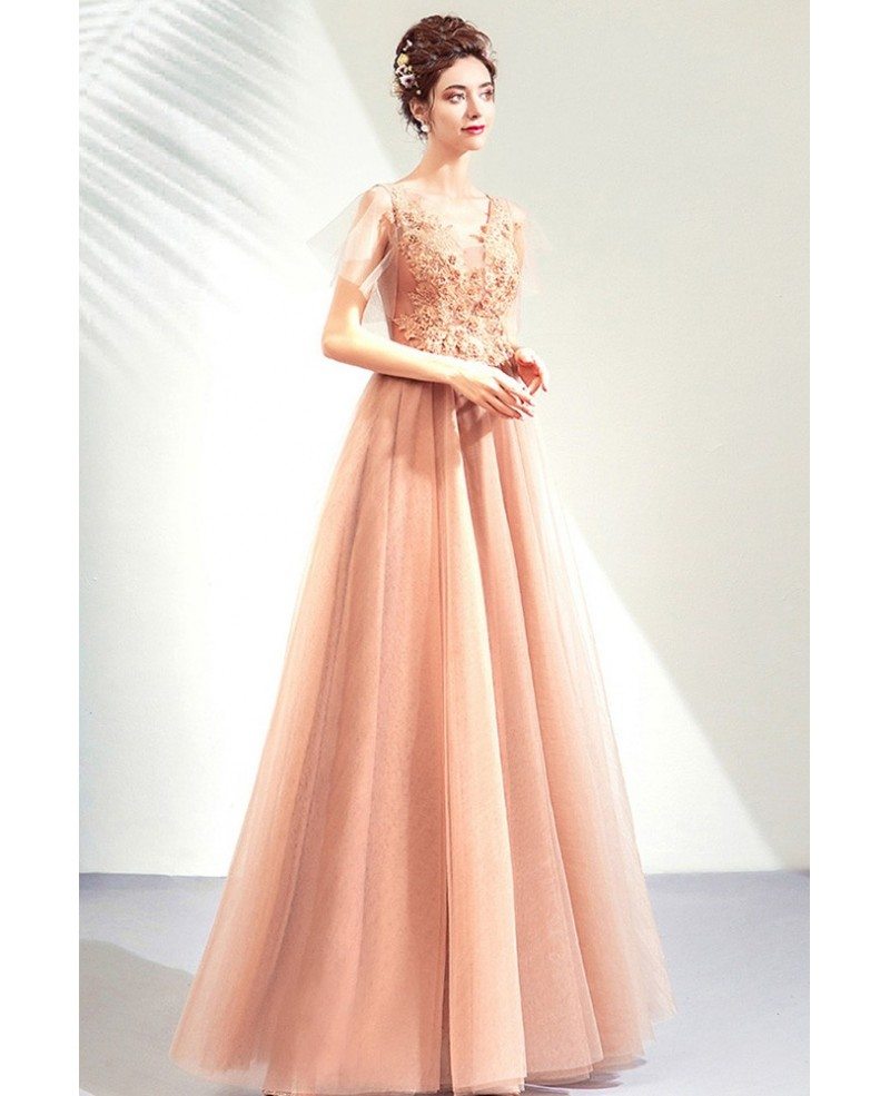 Elegant Champagne Long Tulle Aline Prom Dress Vneck With Tulle Sleeves ...