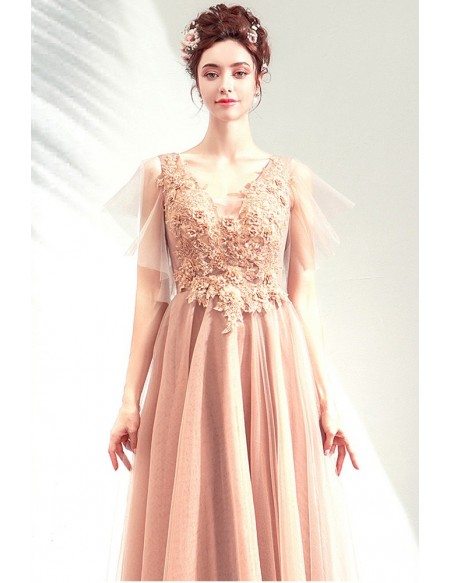 Elegant Champagne Long Tulle Aline Prom Dress Vneck With Tulle Sleeves Wholesale T79048 0932