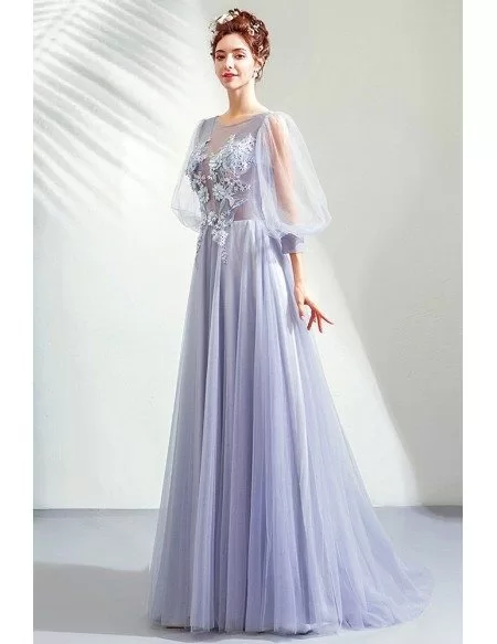 Light Purple Fairy Long Tulle Flowers Prom Dress With Bubble Sleeves ...