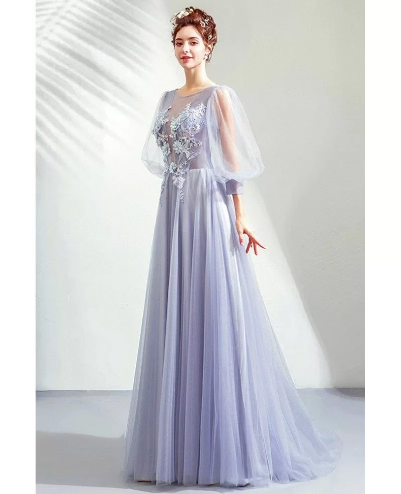 Light Purple Fairy Long Tulle Flowers Prom Dress With Bubble Sleeves ...