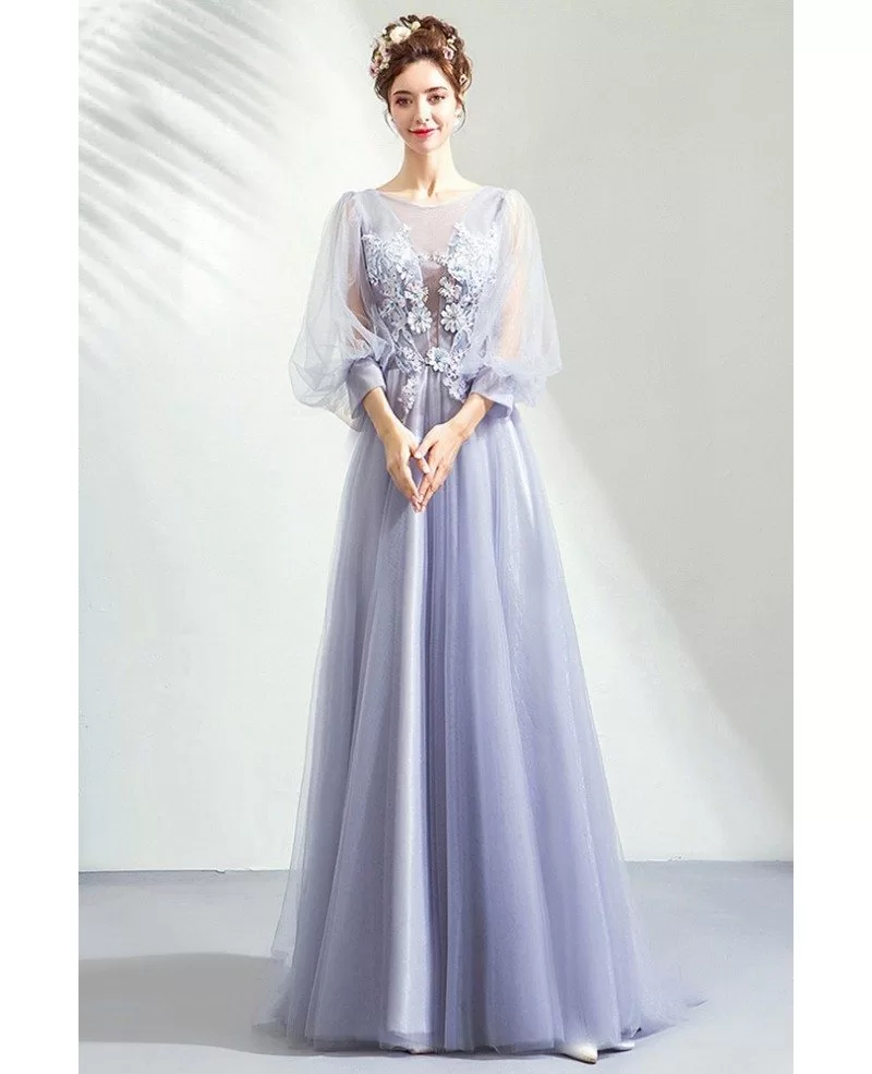 Light Purple Fairy Long Tulle Flowers Prom Dress With Bubble Sleeves ...