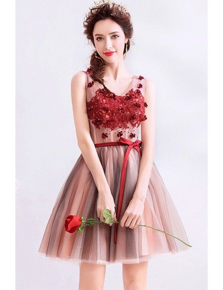 Cute Short Tulle Red Beaded Prom Hoco Dress Vneck With Sash