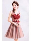 Cute Short Tulle Red Beaded Prom Hoco Dress Vneck With Sash