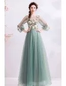 Fairy Dusty Green Tulle Long Sleeve Prom Dress With Long Sleeves