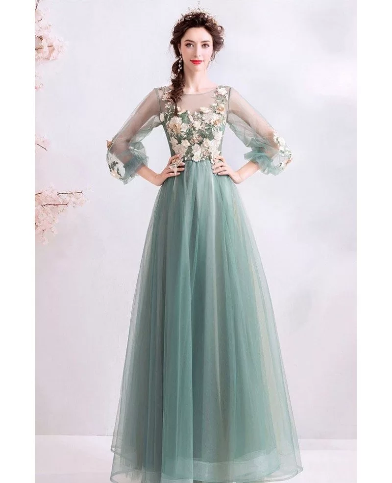 Fairy Dusty Green Tulle Long Sleeve Prom Dress With Long Sleeves ...