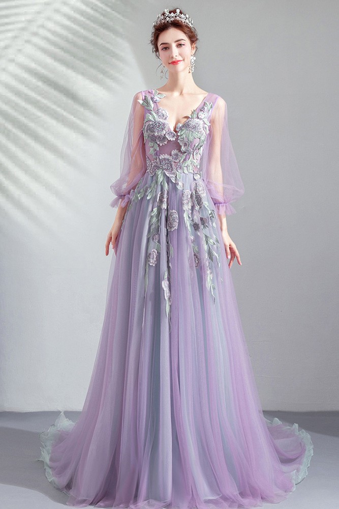 Fairytale Purle Long Tulle Prom Dress Floral With Tulle Long Sleeves ...